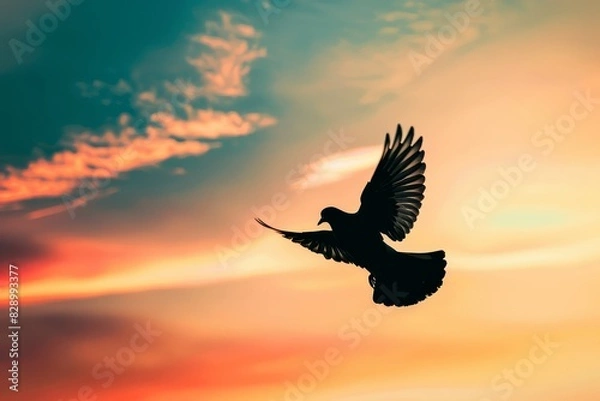 Obraz A soaring dove in silhouette, capturing Memorial Day peace in a minimalist concept close up, symbolic tribute, dynamic, blend mode against a vast sky backdrop