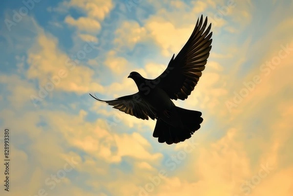 Obraz A soaring dove in silhouette, capturing Memorial Day peace in a minimalist concept close up, symbolic tribute, dynamic, blend mode against a vast sky backdrop