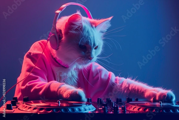 Fototapeta A cat with pink headphones is playfully placed on a DJ mixing console with turntables under colored lighting