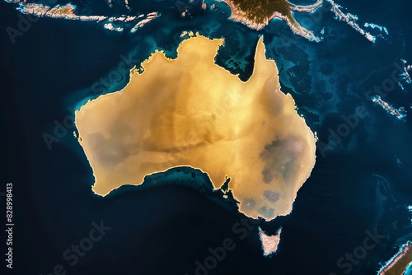 Fototapeta An aerial image capturing the unique outline of Australia glistening like gold amidst blue waters
