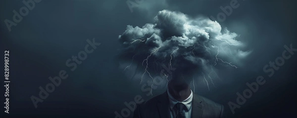 Fototapeta A symbolic representation of a businessman with a storm cloud for a head, implying intense inner conflict
