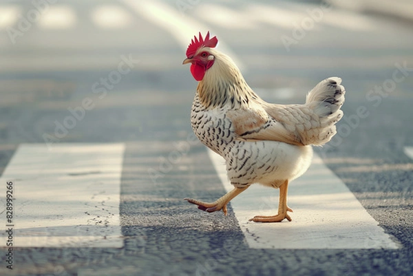 Fototapeta Striking image of a chicken crossing a zebra crossing with dramatic sunlight and shadows