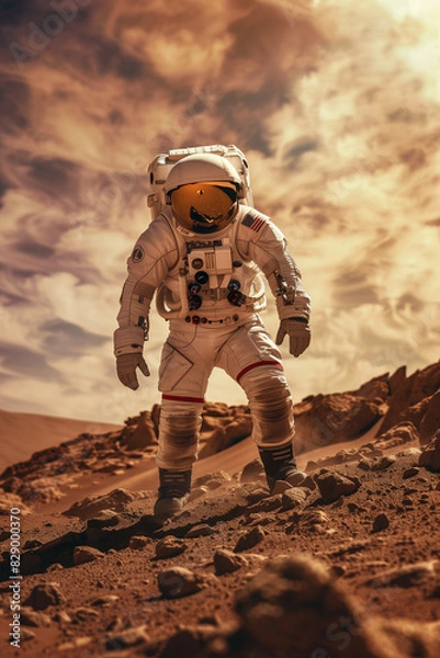 Fototapeta An astronaut is poised for exploration on a Martian-like landscape under a bright, cloudy sky