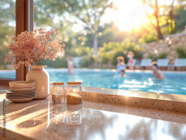 Obraz Kitchen marble counter with window looking out on a summer day with pool. White marble table in a kitchen