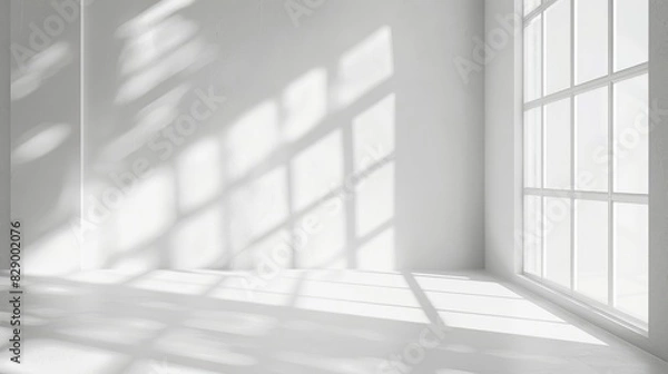 Fototapeta Abstract White Studio Background for Product Presentation with Window Shadows and Sunlight Blurred Backdrop and Empty Room for Copy Space