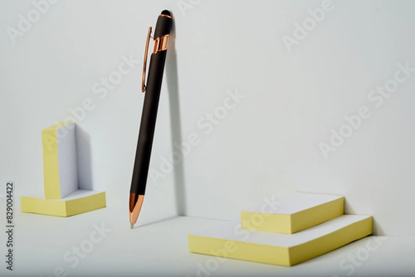 Fototapeta Elegant ball point pen resting up against a white background with some note pads.