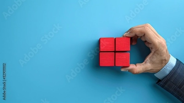 Fototapeta Hand holding red cube, Business process work flow