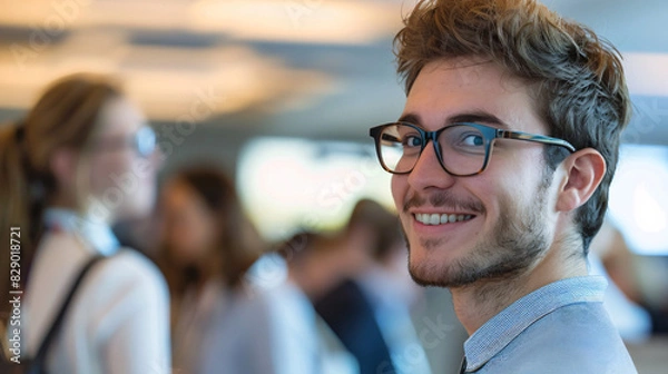 Fototapeta Happy young professional at conference. Young man smiles for the camera while networking at a professional event.