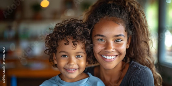 Fototapeta African mother and daughter share an affectionate embrace, smiling with joy and togetherness.