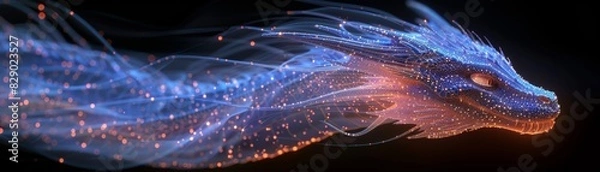 Fototapeta The navy glow silhouette of a dragon stands out against a black background, casting an enchanting aura