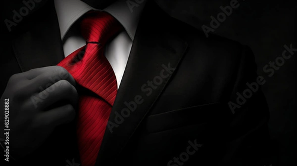 Fototapeta Man Adjusting Red Tie in Dramatic Lighting
