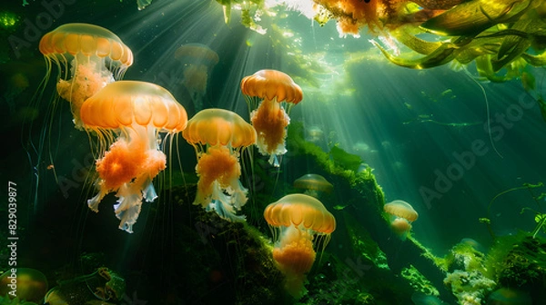 Fototapeta A group of jellyfish are swimming in the ocean