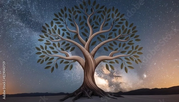 Obraz Structure Refe3D Tree Against the Milky Way Galaxy. 3D rendering of a tree with intricate branches and leaves set against the backdrop of the Milky Way galaxy