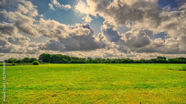 Fototapeta Big cloud formations passing over a pastoral landscape in The Netherlands.