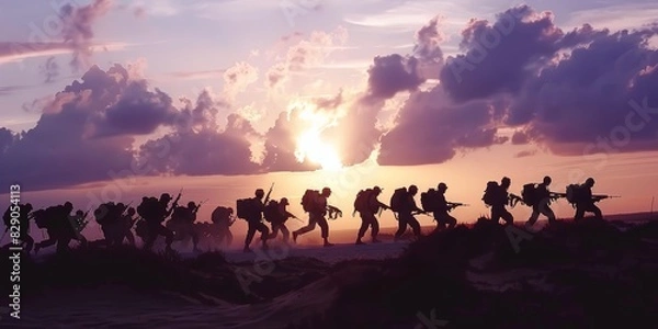 Fototapeta Silhouetted soldiers marching at sunset, capturing the essence of military operation, teamwork, and dedication of troops on a mission in a battlefield setting, Generative AI
