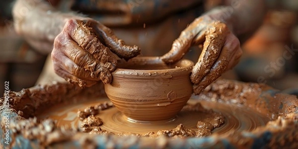 Obraz Potter's Hands: Forming Raw Clay into Vessel, generative ai