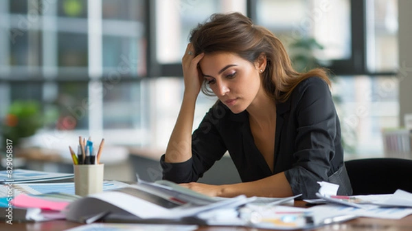 Fototapeta Business valuation, Financial analyst working at a desk, Natural daylight, concentrated and methodical, modern office