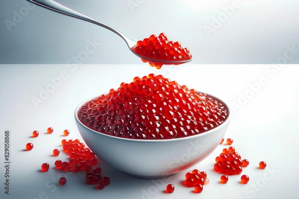 Fototapeta Bowl with red caviar and a tablespoon with red caviar on a white background