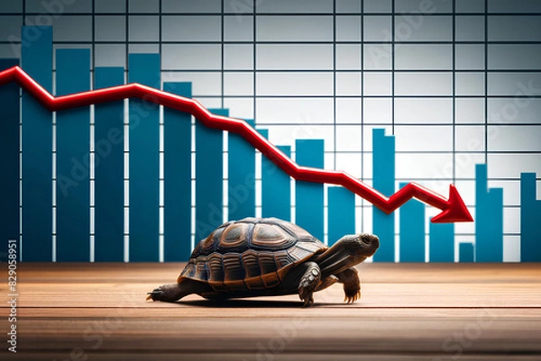 Obraz a crawling turtle against the background of a decreasing histogram as a symbol of stagnation and regression