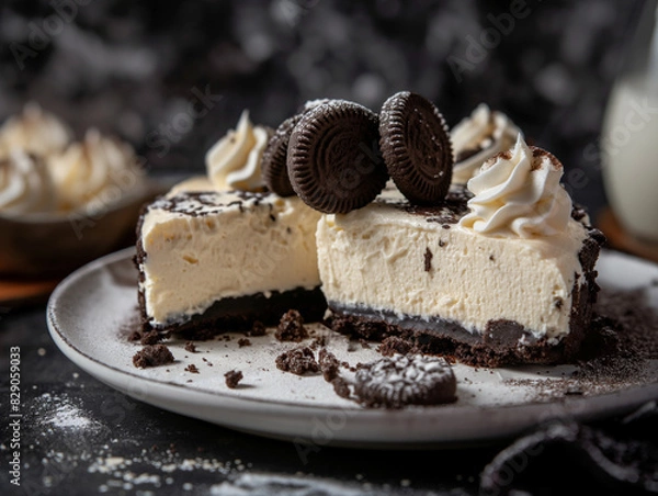 Fototapeta Cookies and cream, Cheesecake with cookie crust, Soft studio lighting, elegant and detailed, rich and smooth texture, black and white contrast