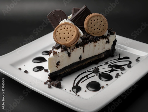 Fototapeta Cookies and cream, Cheesecake with cookie crust, Soft studio lighting, elegant and detailed, rich and smooth texture, black and white contrast