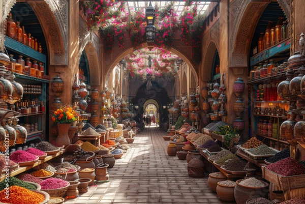 Fototapeta A vibrant Moroccan bazaar bustling with activity, offering an array of exotic teas infused with mint, spices, and floral essences.  Generative Ai.
