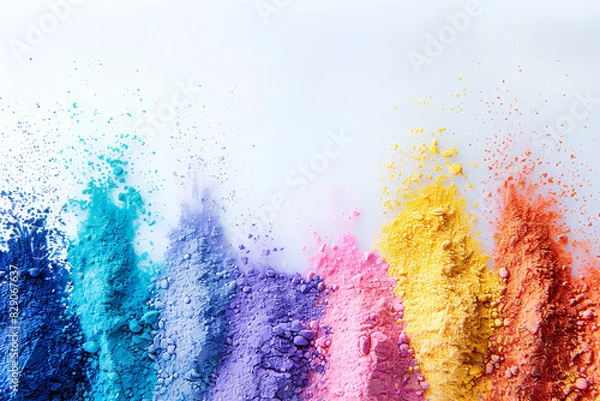 Fototapeta Close up of stripes of rainbow coloured sand and copy space on white background
