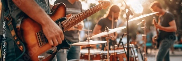 Fototapeta An outdoor live music performance featuring a band with guitar and drums in a vibrant setting