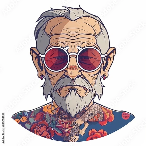 Fototapeta A man with a beard and glasses is wearing a shirt with a flower design