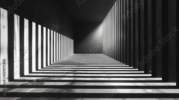 Fototapeta A black and white long hallway with parallel lines stretching into the distance