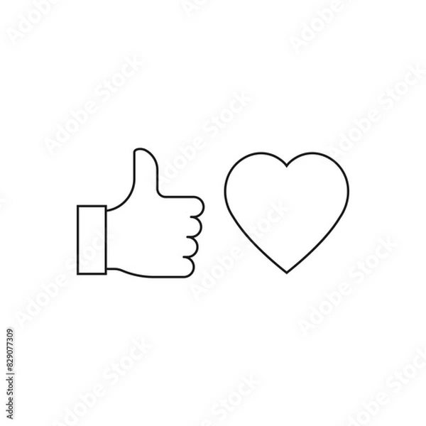 Fototapeta Like and love. Thumbs up and Heart icon line style isolated on white background. Vector illustration