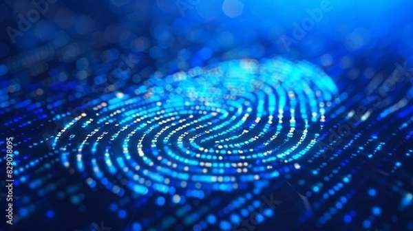 Fototapeta Abstract fingerprint design against a circular blue background depicts advanced technology mesh network.