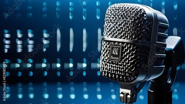 Fototapeta Expert microphone featuring a waveform on a blue banner, perfect for a podcast or recording studio backdrop