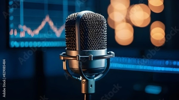 Fototapeta Expert microphone featuring a waveform on a blue banner, perfect for a podcast or recording studio backdrop