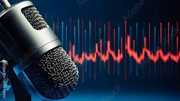 Fototapeta Expert microphone featuring a waveform on a blue banner, perfect for a podcast or recording studio backdrop