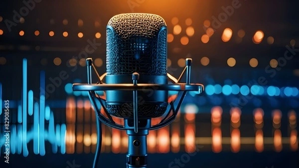 Fototapeta Expert microphone featuring a waveform on a blue banner, perfect for a podcast or recording studio backdrop