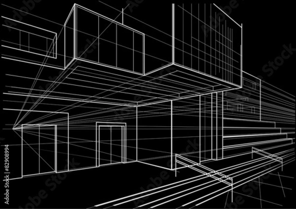 Obraz Architectural sketch of a cubic building black background