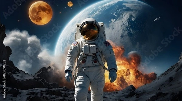Fototapeta astronaut walking on sunshine, vfx explosions in the background, parting the sea, split the moon, summer breeze, big wave, tropical pacific Generative AI