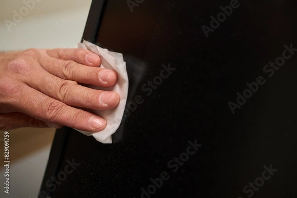 Fototapeta A person is using a cloth to clean a flat screen TV
