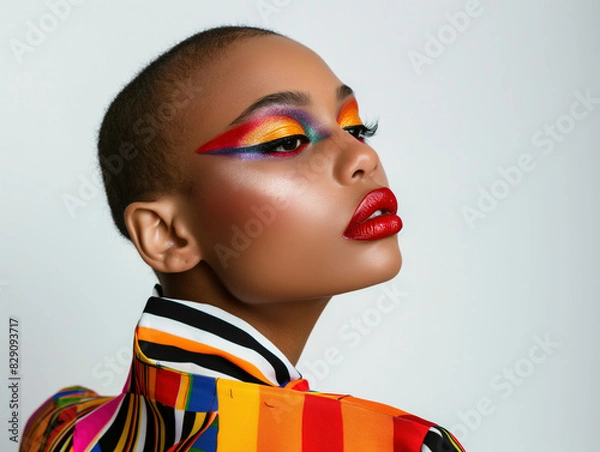Obraz Stunning model with vibrant, artistic makeup and bold red lips, wearing a colorful, striped outfit; perfect for fashion editorials, beauty campaigns, and makeup tutorials.