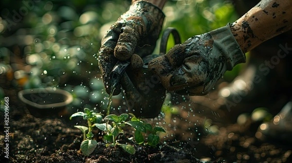 Fototapeta Female hands in gardening gloves with a watering can in the background, in a closeup shot. 