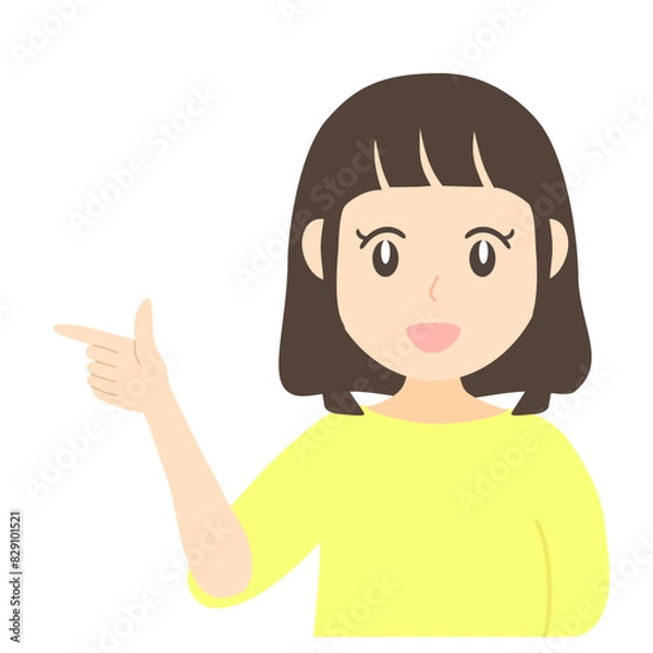 Fototapeta ポイントを指差して笑顔で説明する日本人女性のベクターイラスト