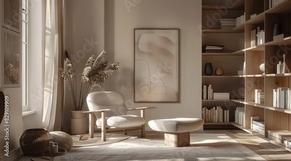 Fototapeta Modern Scandinavian home interior with a neutral color palette, minimalist shelving, and a cozy reading nook