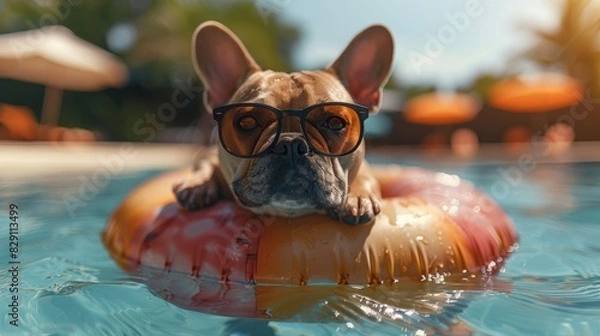Fototapeta French bulldog wearing sunglasses floating on an inflatable ring in a swimming pool