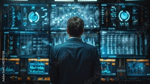 Obraz A business executive looking at a digital display showing time optimization data, set in a noir color palette