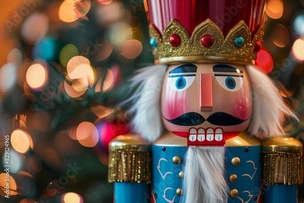 Fototapeta Festive nutcracker soldier figurine with gold crown and colorful bokeh lights