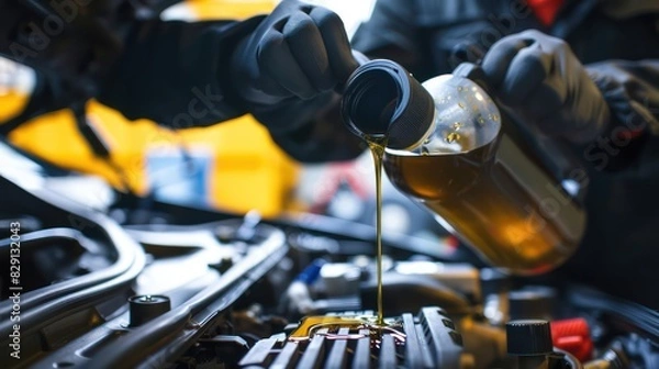 Obraz man mechanic pouring oil in the car engine
