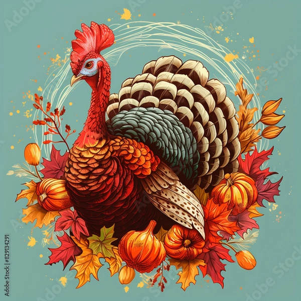 Obraz Cartoon poster for Thanksgiving day with colorful turkey surrounded by pumpkins and fall leaves on blue background.