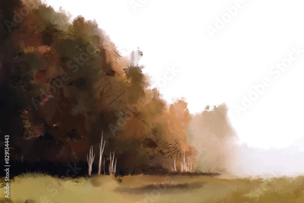 Fototapeta Watercolour forest landscape in Autumn and fall