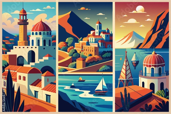 Fototapeta Set of Travel Destination Posters in retro style. Santorini, Greece